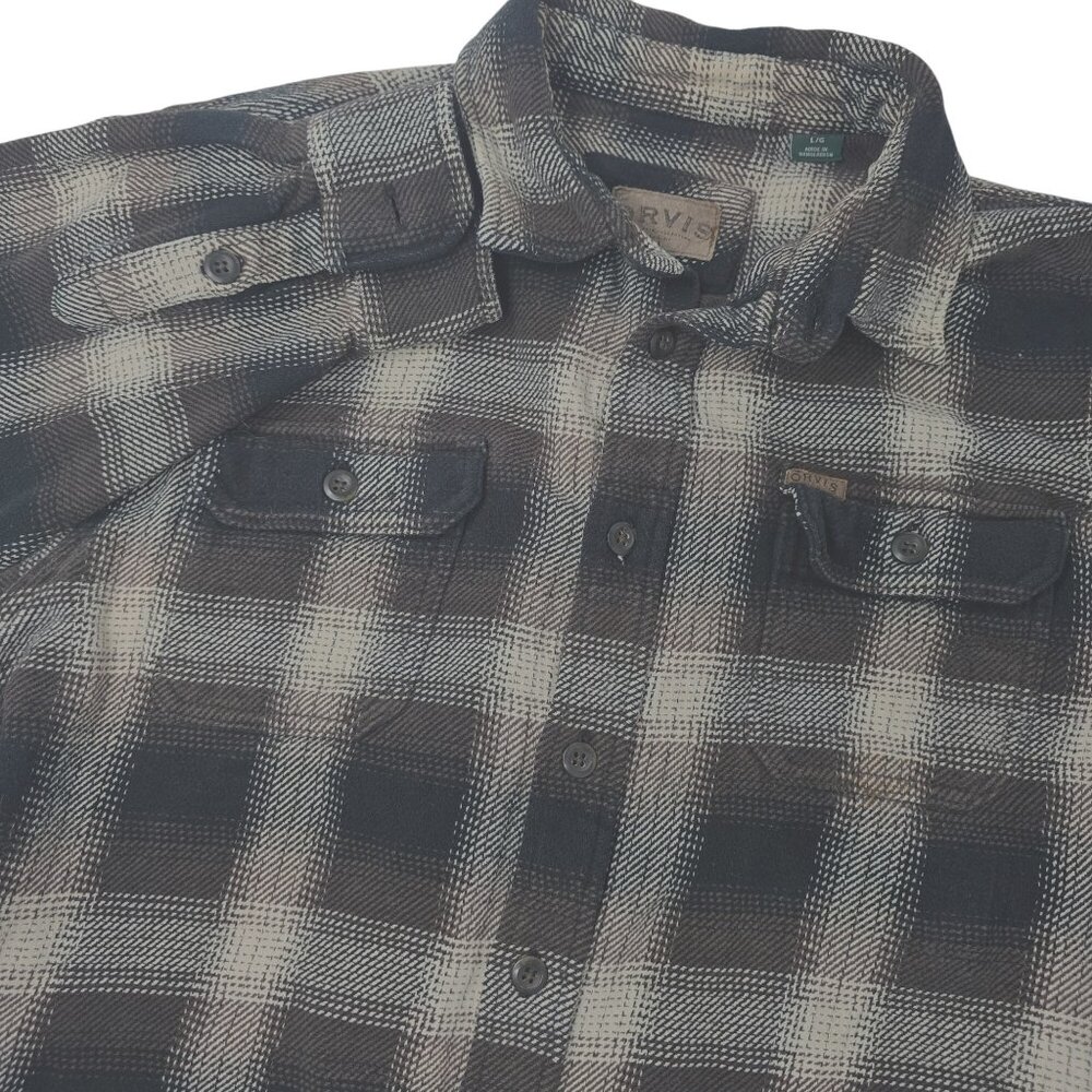 Orvis Brown Black Heavy‎ Flannel Shirt Size Large Long Sleeve Pockets